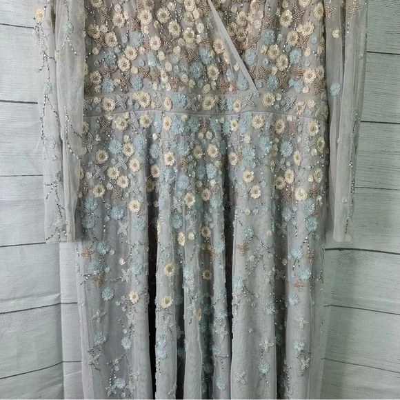 Mac Duggal size 16 Embellished Wrap Over Illusion Long Sleeve A Line Gown Gray - Picture 7 of 16